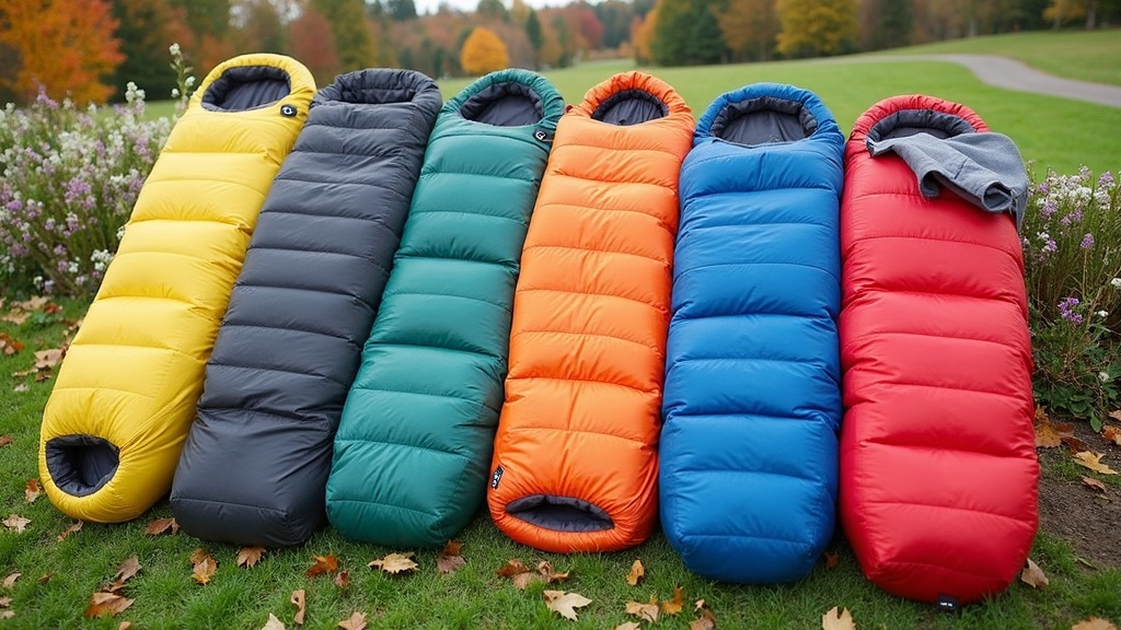 A collection of sleeping bags in different colors and styles, displayed in an outdoor setting on a grassy field, with a variety of seasonal backgrounds including snow, flowers, and autumn leaves.