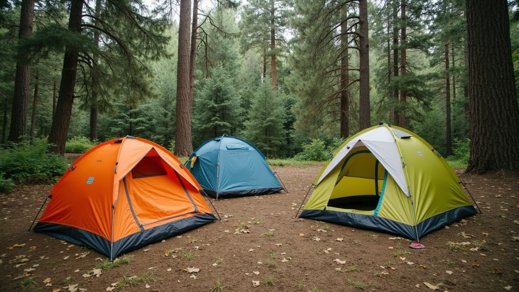 Different styles of camping tents set up in a forest clearing