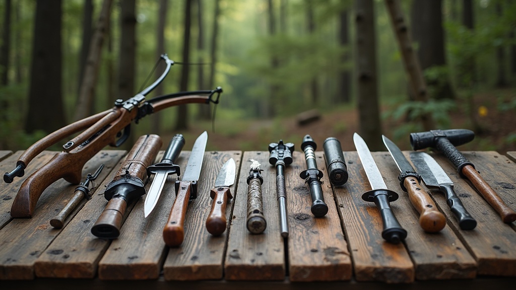 A lineup of various adventure weapons and gear including crossbows, knives, and hatchets neatly arranged on a wooden table with a forest background.