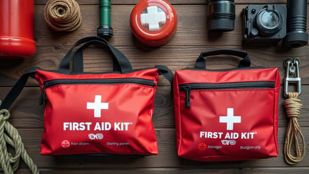compact and large first aid kits on a wooden surface next to outdoor gear, surrounded by natural light
